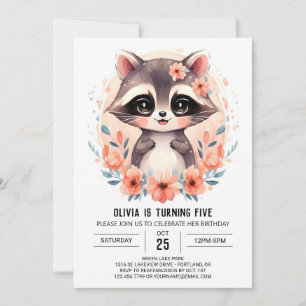 Pink Kids' Raccoon Girl Birthday Einladung