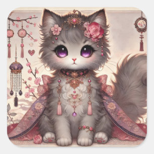 Pink Kimono Princess Cat Quadratischer Aufkleber