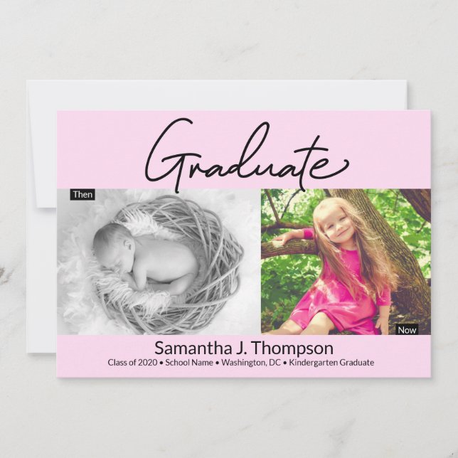 Pink Kindergarten Dann und Jetzt Grad Foto Ankündigung (Vorderseite)