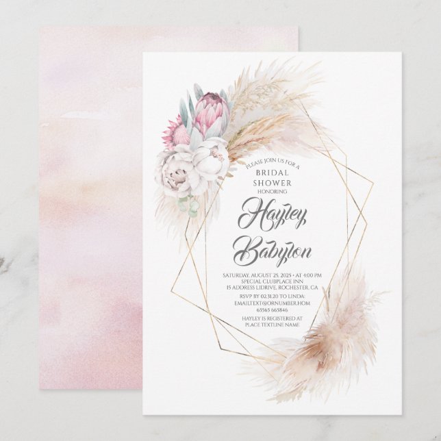 Pink King Protea und Pampas Grass Brautparty Einladung (Vorne/Hinten)