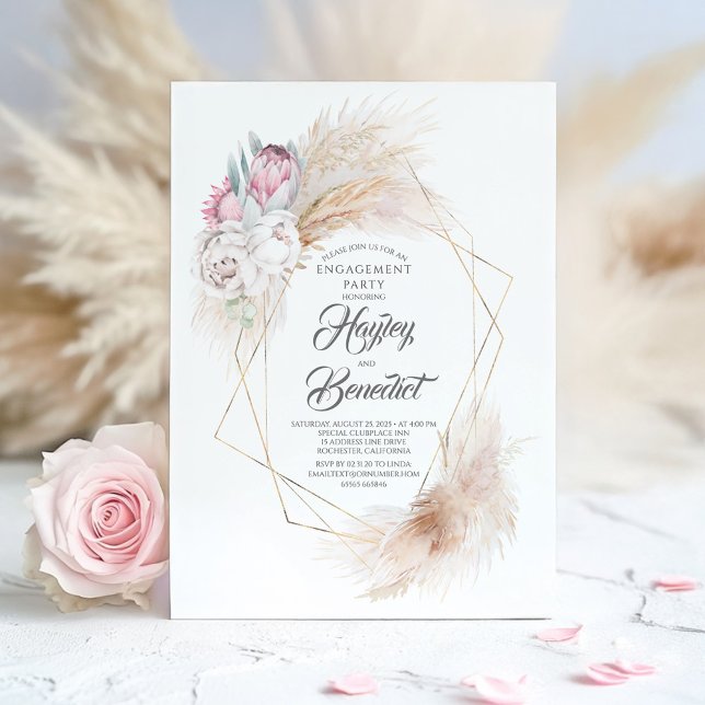 Pink King Protea und Pampas Grass Engagement Party Einladung (Boho Floral Engagement Invitation)