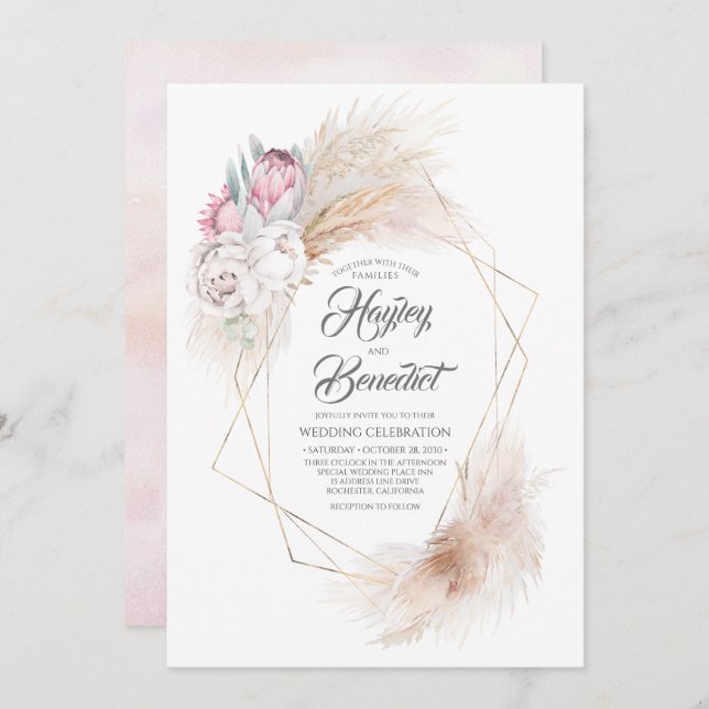 Pink King Protea und Pampas Grass Moderne Hochzeit Einladung (Vorne/Hinten)