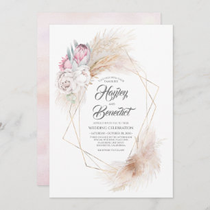 Pink King Protea und Pampas Grass Moderne Hochzeit Einladung