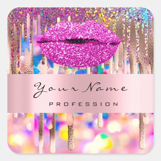 Pink Kiss Lips Glitzer Holographic Business Name Quadratischer Aufkleber (Vorderseite)