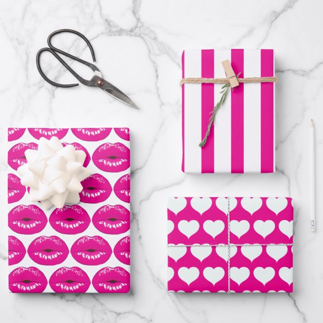 Pink Kiss Lips Wrapping Paper Set Geschenkpapier Set (Vorderseite)