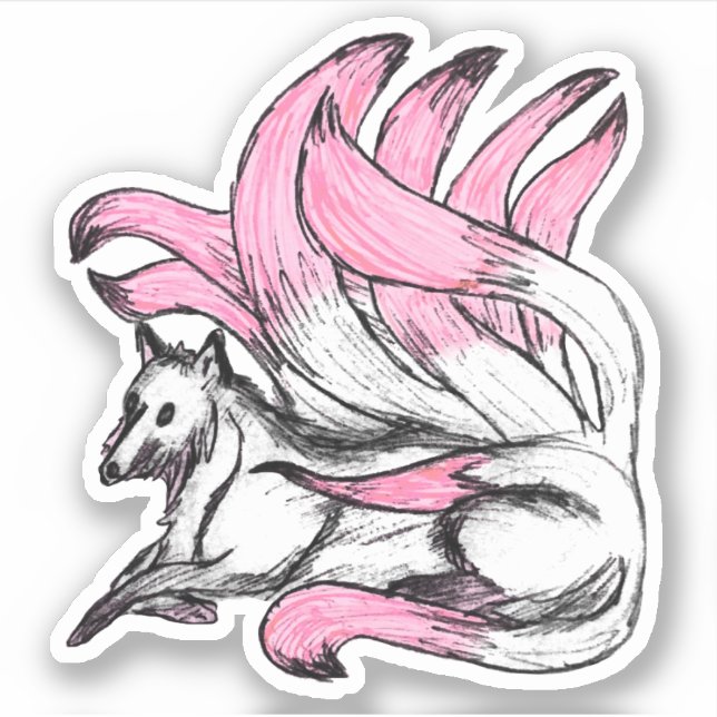 Pink Kitsune Japanischer Fox Sketch Aufkleber (Vorderseite)