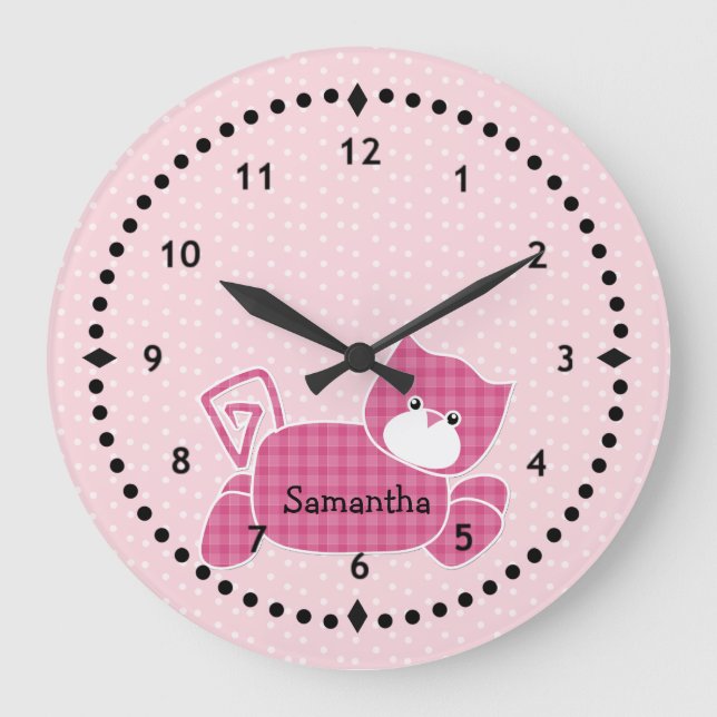 Pink Kitty Kinderzimmer Wall Clock Große Wanduhr (Vorderseite)