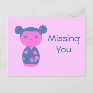 Pink Kokeshi Blue Postcard Postkarte