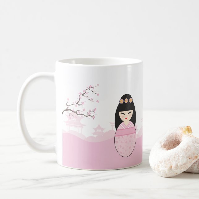 Pink Kokeshi Doll Design Kaffeetasse (Mit Donut)