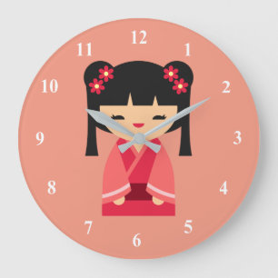Pink Kokeshi Japanische Puppen Große Wanduhr