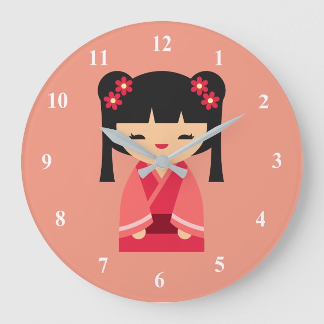 Pink Kokeshi Japanische Puppen Große Wanduhr (Vorderseite)