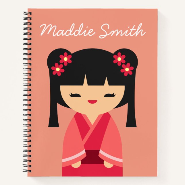 Pink Kokeshi Japanische Puppen Notizbuch (Vorderseite)