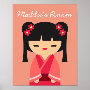 Pink Kokeshi Japanische Puppen Poster