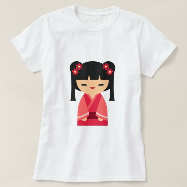 Pink Kokeshi Japanische Puppen T-Shirt (Design vorne)
