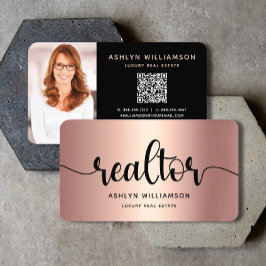 Pink Kupfer Schwarz Realtor Foto QR Code Broker Visitenkarte