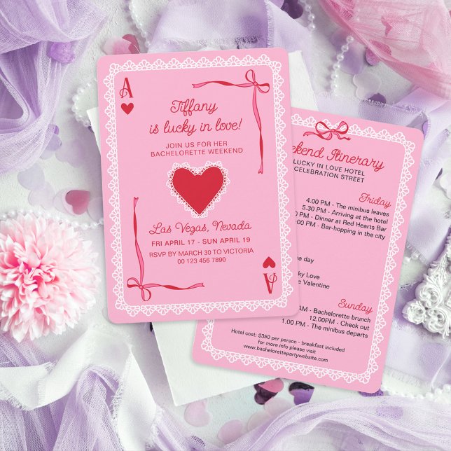 Pink Lace Ace of Hearts Lucky in Love Bachelorette Einladung (Von Creator hochgeladen)