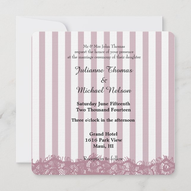 Pink Lace and Stripes Wedding Einladung (Vorderseite)