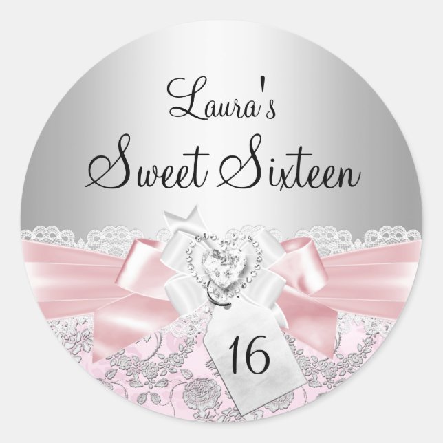 Pink Lace Bow & Floral Sweet 16 Aufkleber (Vorderseite)