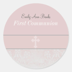 Pink Lace First Holy Communion Runder Aufkleber