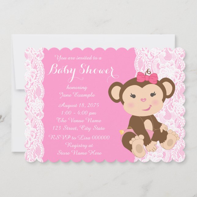 Pink Lace Monkey Baby Girl Dusche Einladung (Vorderseite)