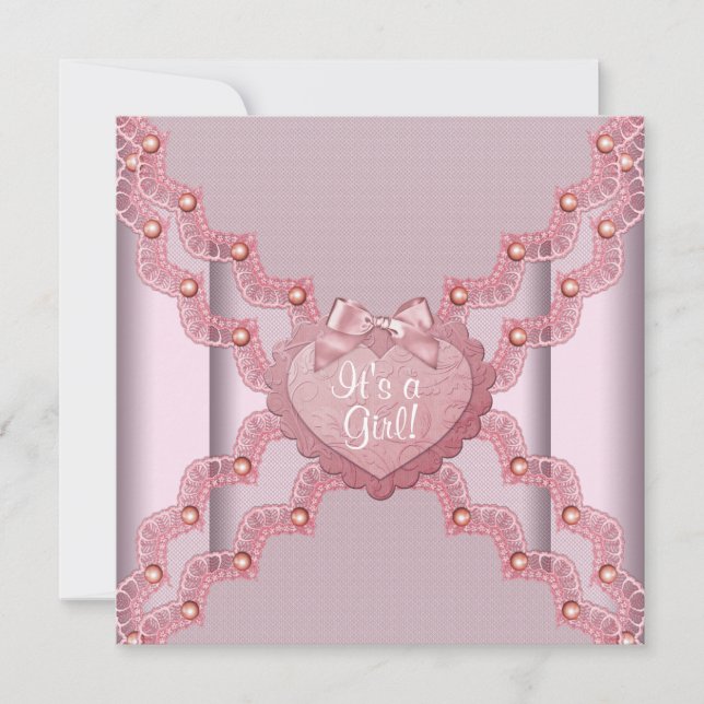 Pink Lace Pink Pearl Heart Pink Baby Girl Dusche Einladung (Vorderseite)