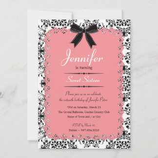 Pink Lace und Black & White Damask Sweet 16 12x18 Einladung