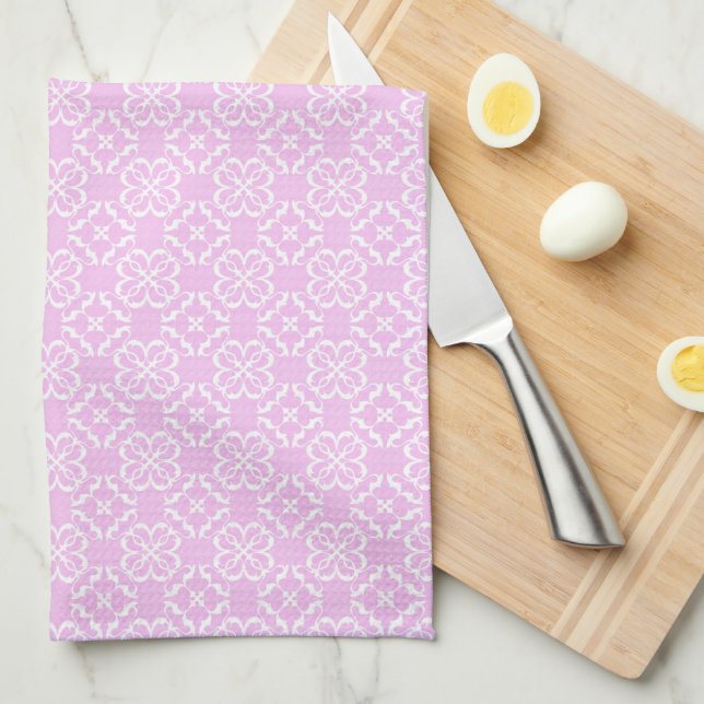 Pink Lace & White Floral Lattice Pattern Geschirrtuch (Viertel Falte)