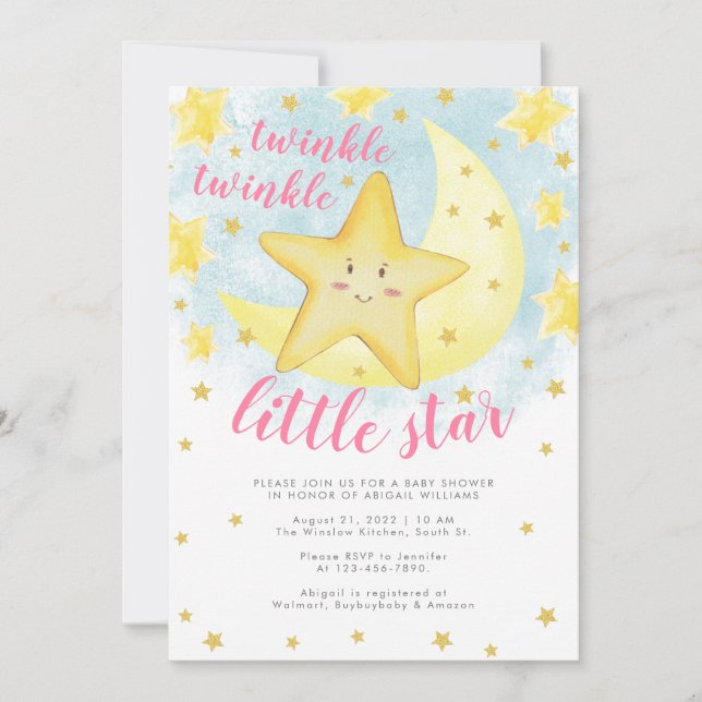 Pink Lächeln Gold Twinkle Little Star Baby Dusche Einladung (Vorderseite)