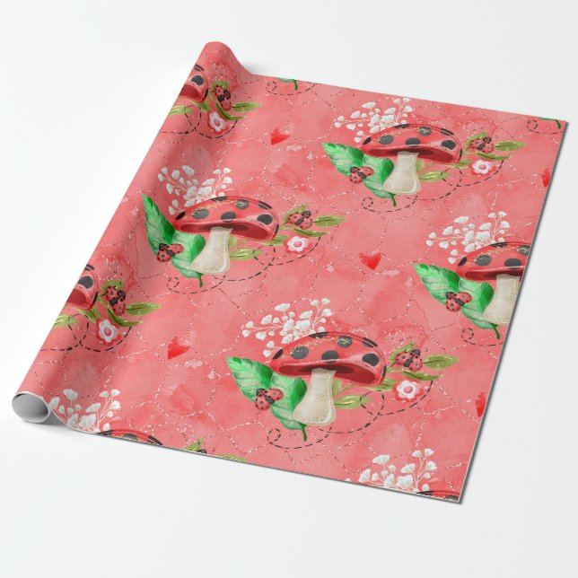 Pink Lady Bug and Mushroom Pattern Geschenkpapier (Ungerollt)
