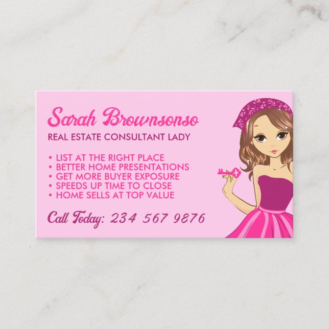 Pink Lady Cartoon Elegant Mortgage Broker Realtor Visitenkarte (Vorderseite)
