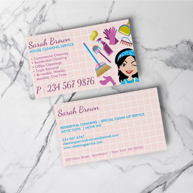 Pink Lady Cartoon Reinigungsdienst Janitorial Visitenkarte (Pink Lady Cartoon Cleaning Service Janitorial Business Card)