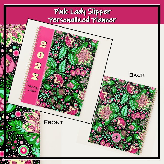 Pink Lady Slipper-Blume auf schwarz Personalisiert Planer (Bold pink and green modern folk art design featuring delicate pink lady slipper flowers. )