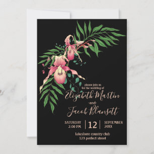 Pink Lady Slipper Orchid Black Wedding Einladung