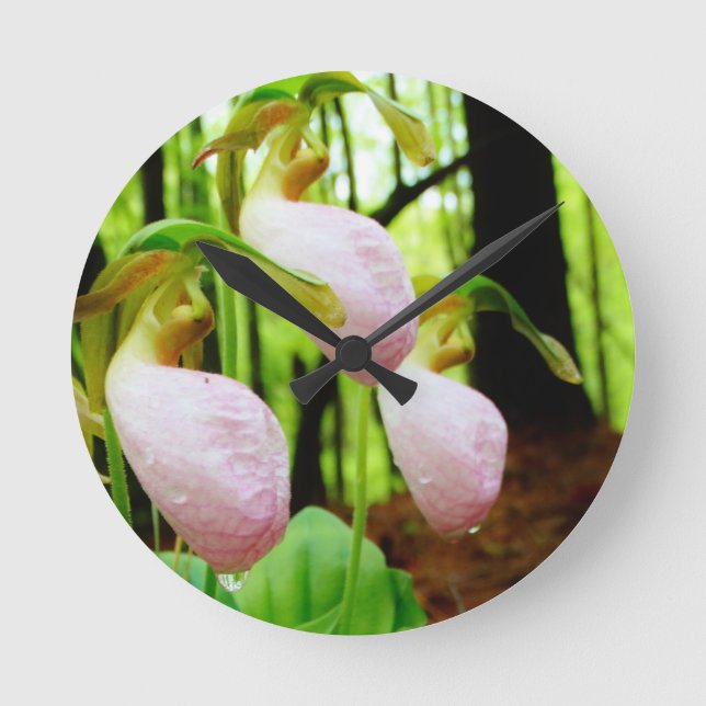 Pink Lady Slipper Wild Orchid Runde Wanduhr (Vorderseite)