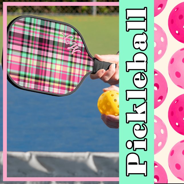 Pink Lady Slipper Wildblume Kariert Rosa und Schwa Pickleball Schläger (Pink Lady Slipper Wildflower Plaid Pink and Black Personalized with Initials Pickleball Paddle)
