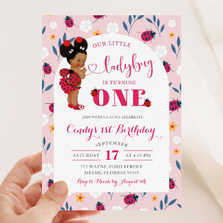 Pink Ladybug African Afro Girl Erster Geburtstag Einladung