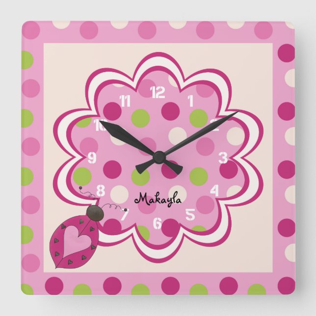 Pink Ladybug auf Polka Dots Kinderzimmer Wall Cloc Quadratische Wanduhr (Vorderseite)