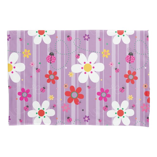 Pink Ladybug Floral Retro Illustration Muster Kissenbezug (Vorderseite)