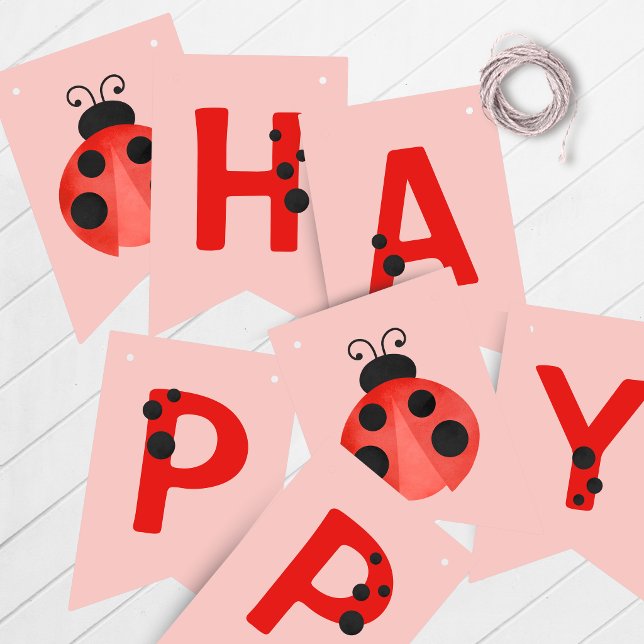 Pink Ladybug Happy Birthday Wimpelkette Banner (Ladybug Happy Birthday Hanging Banner in Red, Black, White and Salmon Pink)