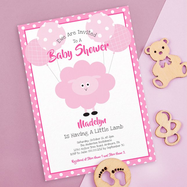 Pink Lamb Baby Shower Script Balloons Niedlich Mod Einladung (Von Creator hochgeladen)