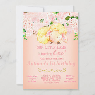 Pink Lamb Girl 1. Geburtstagseinladung. Einladung