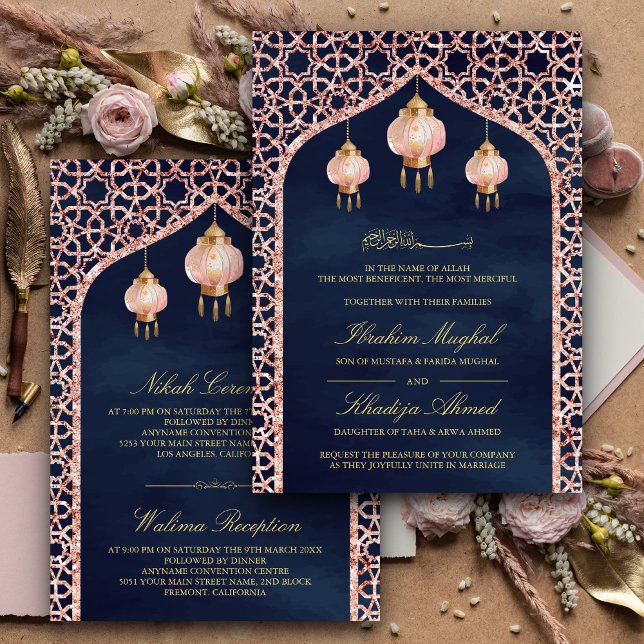 Pink Lanterns Navy Blue Rose Goldmuslimische Hochz Einladung (Von Creator hochgeladen)