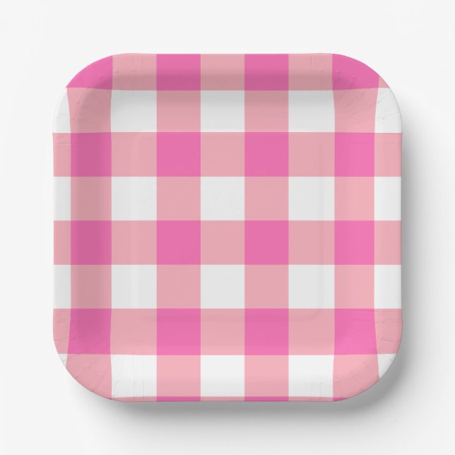 Pink Large Gingham Karierte Karos Pappteller (Vorderseite)