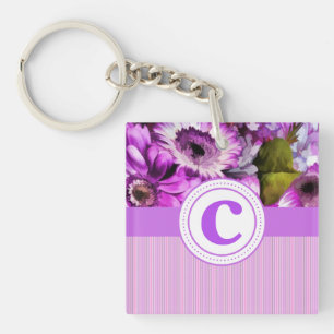 Pink Lavendel Floral und Streifen Monogramm Schlüs Schlüsselanhänger