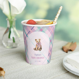 Pink & Lavender Kariert Teddy Bear Babydusche Pappbecher