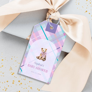Pink & Lavender Kariert Teddy Bear Bow Babydusche Geschenkanhänger
