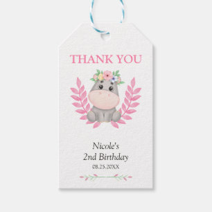 Pink Leaf Niedlich Hippo Floral Geburtstag Vielen Geschenkanhänger