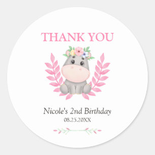 Pink Leaf Niedlich Hippo Floral Geburtstag Vielen  Runder Aufkleber