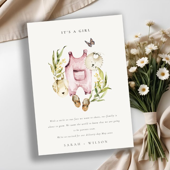 Pink Leafy Foliage Clothes Girl Baby Ankündigung (Von Creator hochgeladen)