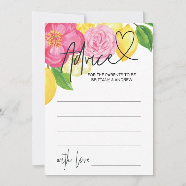 Pink Lemon Floral Baby Advice Game Card Einladung (Vorderseite)